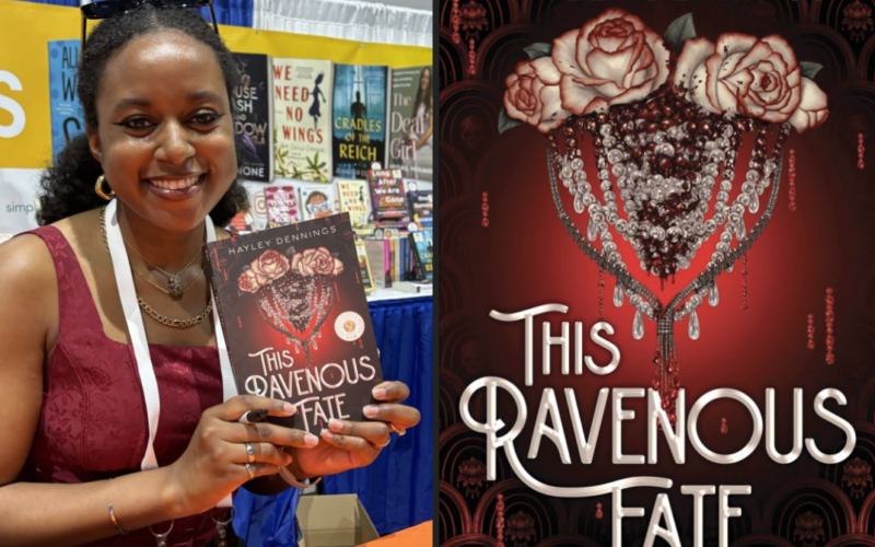 On the left, a young Black woman in a dark red tank dress is smiling and holding the book This Ravenous Fate. On the right is the cover of the book up close. There are white roses with blood dripping on the edges of the petals. There are glass beads hanging around them and the background is red.